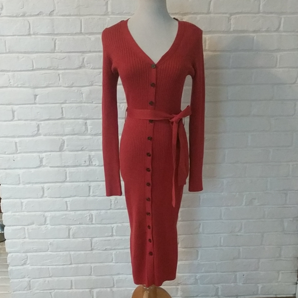 Ribbed Sweater Dress in Rust